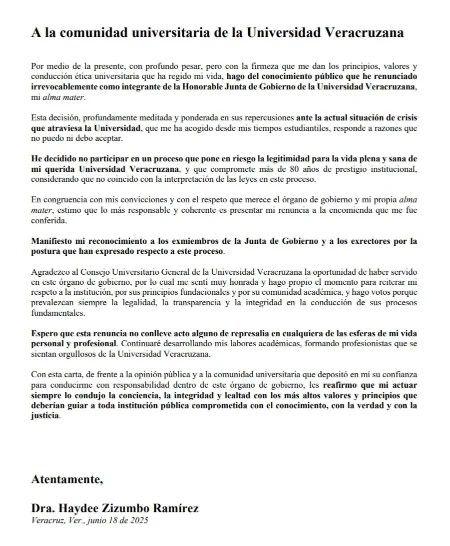 Renuncia otra integrante a la Junta de Gobierno de la UV