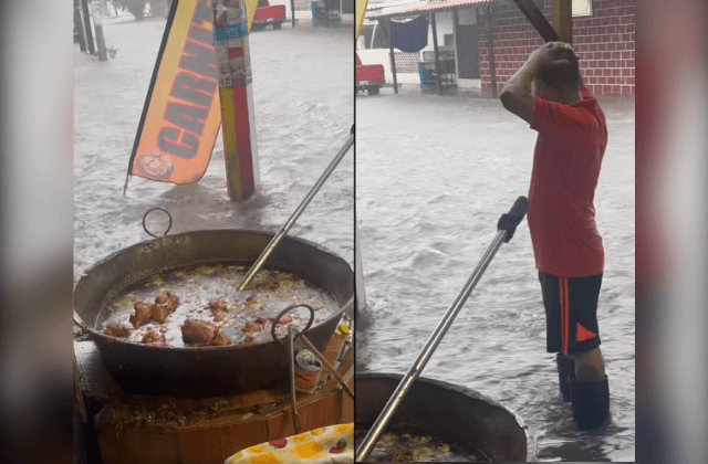 Video | ¡Con todo y tormenta! Venden carnitas jarochas en medio de inundación 