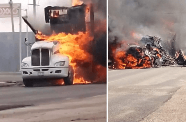VIDEO | Se incendia tráiler junto a gasolinera en carretera del sur de Veracruz